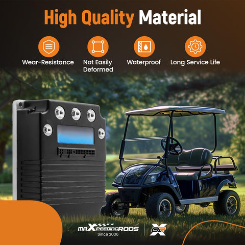 Speed Controller 36 To 48 Volt 400 Amp For Curtis 1268 DC SepEx Motor Controller EZ Go Golf Carts next to a golf cart