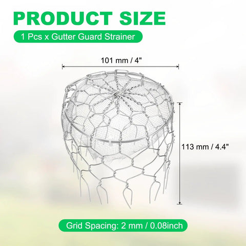 101Mm Gutter Guard Filter Mesh Screen 304 Stainless Steel With 2Mm Hole Grid, 4 Inch Diameter Strainer with dimensions shown