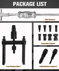 Package list of 12-Piece Motorcycle Bearing Puller Kit With Slide Hammer, Inner Blind Hole Puller includes slide hammer, collets, jaw puller