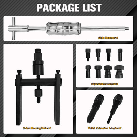 Package list of 12-Piece Motorcycle Bearing Puller Kit With Slide Hammer, Inner Blind Hole Puller includes slide hammer, collets, jaw puller