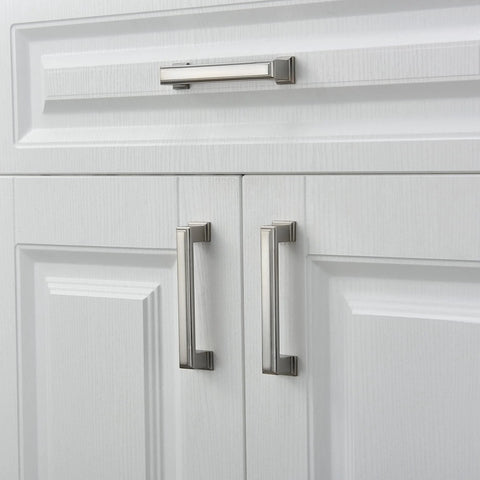 Long Cabinet Handle Set 10 Pack Brushed Satin Nickel Die Cast Zinc Solid Metal Drawer Pulls on white cupboard