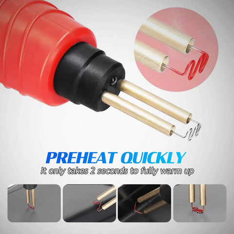 Minkissy Portable Plastic Welding Kit With 70W Handheld Tool for Car Bumper Repair showing preheating tips and heating element.