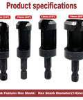 Heavy Duty Carbon Steel Wood Plug Cutter Drill Bit Set With Four Precision Sizes for 6mm, 10mm, 13mm, and 16mm cuts.