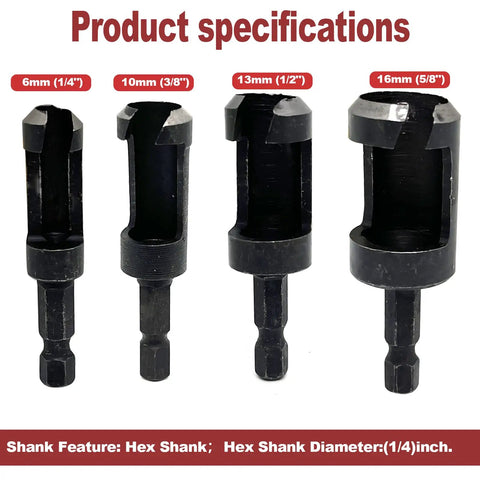 Heavy Duty Carbon Steel Wood Plug Cutter Drill Bit Set With Four Precision Sizes for 6mm, 10mm, 13mm, and 16mm cuts.