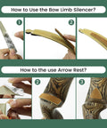 Instructional guide on using Bow String Silencers Kit With Rabbit Fur String Silencers And Leather Bow Limb Silencer Strip Arrow Rest