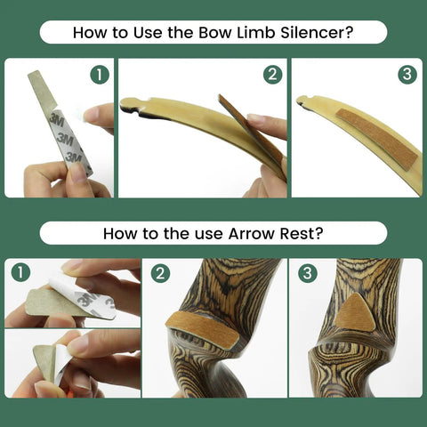 Instructional guide on using Bow String Silencers Kit With Rabbit Fur String Silencers And Leather Bow Limb Silencer Strip Arrow Rest