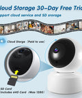 2K HD Pan Tilt Indoor Wireless Pet Camera with SD card slot, featuring cloud storage trial text, for home security