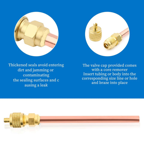 Schrader HVAC service valve kit with 1/4" copper tube and brass fittings (front view)
