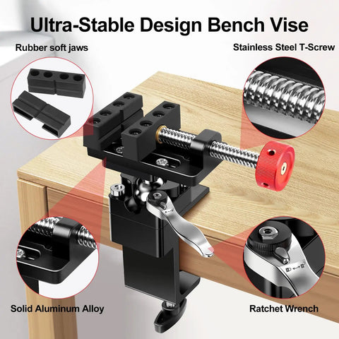 360 Degree Rotating Mini Bench Vise With Quick Release Ratchet Wrench 2.48 Inch General Purpose Table Vise clamped to desk edge