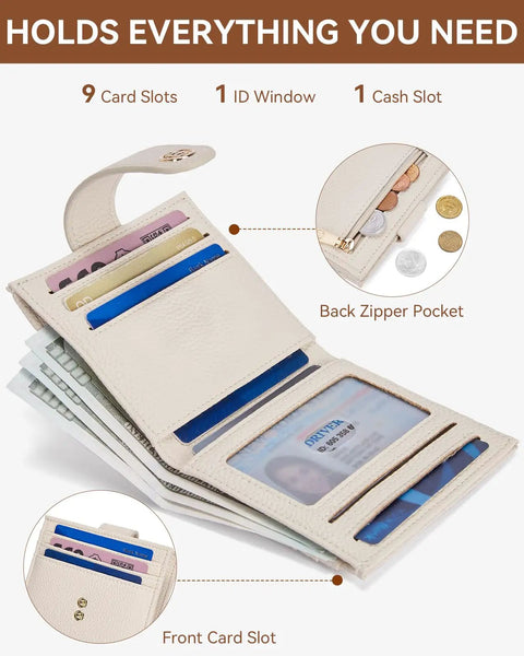 Slim RFID Blocking Wallet For Women, Small Leather Bifold Card Holder With Zipper Coin Pocket, Beige, open view