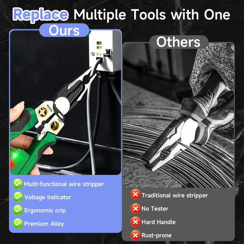 Comparison of 8-In-1 Wire Stripper With Voltage Tester and traditional wire stripper, highlighting features and benefits.