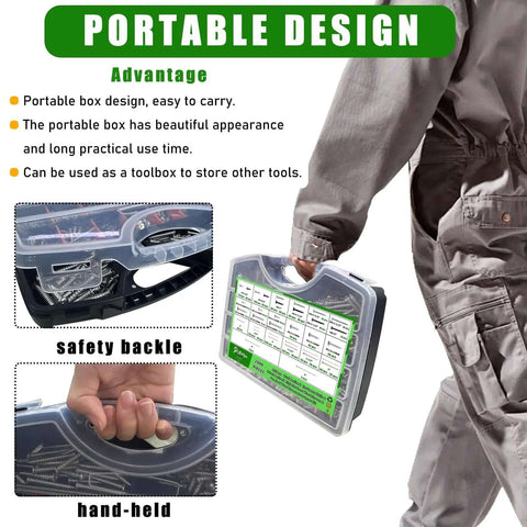 Person carrying DIYers Dream All In One Hardware Kit with 2000 carbon steel wood screws and nails in sturdy storage box