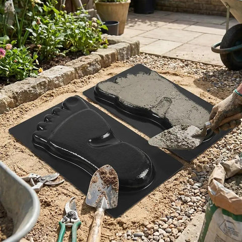 Two-Piece Concrete Footprint Stepping Stone Template Kit for Walkways, Garden, Yard and Patio Decor in use with concrete