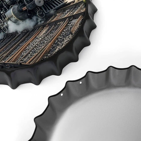 Close-up of Vintage Steam Locomotive Wall Art Tin Sign, featuring train image and metal texture, 11.8 inch, two hanging holes
