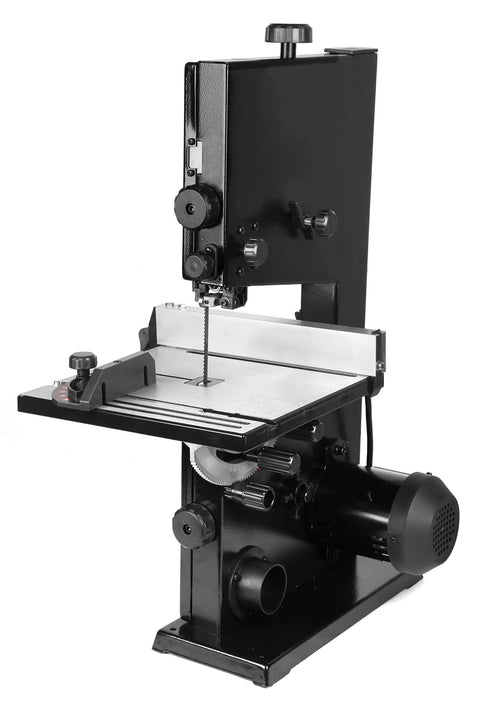 Beast 9-Inch Benchtop Band Saw With 2.8 Amp Motor, shown with blade and adjustable table, cuts 3-1/2 inches deep.