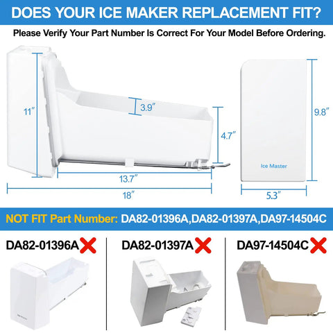 Easy Swap Ice Bucket With Auger Assembly DA97-14474C dimensions and non-compatible parts displayed
