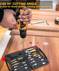 Person using drill with 26 Piece DIY Woodworking Tools Set With Countersink Bits Plug Cutters Step Bits One Quarter Inch Hex Shank Five Flute Countersinks L Wrench And Automatic Center Punch For Pro Grade Precision In Woodworking Projects on wooden board