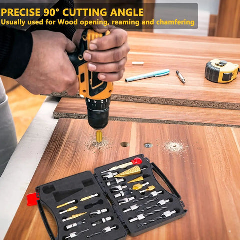 Person using drill with 26 Piece DIY Woodworking Tools Set With Countersink Bits Plug Cutters Step Bits One Quarter Inch Hex Shank Five Flute Countersinks L Wrench And Automatic Center Punch For Pro Grade Precision In Woodworking Projects on wooden board