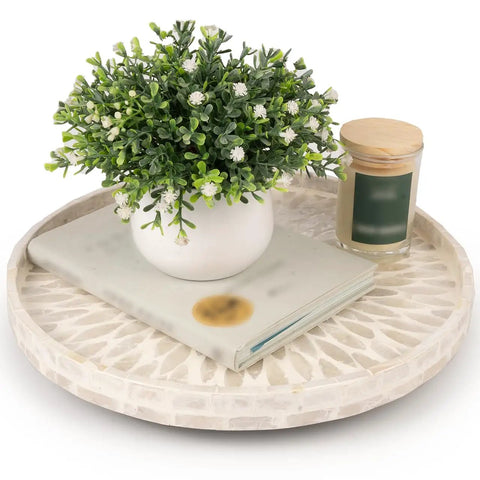 Mother Of Pearl Turntable Organizer Lazy Susan For Kitchen Countertop And Cabinet Storage With Capiz Shell Inlay And Blue Floral Pattern 12.5 Inch Coastal Nautical Style Durable Wood Core Smooth Spin And Easy Access featuring decorative items