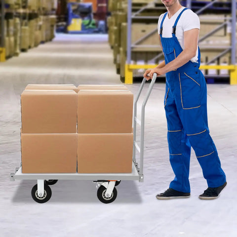 Heavy Duty Platform Cart That Feels Like a Workhorse, Steel Frame With Detachable Base, 2000 Lbs Capacity, Four Double Bearing Casters With 360 Degree Spin, Two Lockable Wheels, Smooth Maneuvering For Warehouse And Shop Floor with boxes