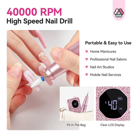 Pro Grade Nail Drill 40000 RPM Portable Diamond Kit Rechargeable 4000 Milliamp Hours Electric Nail File For Thick Acrylic Nails
