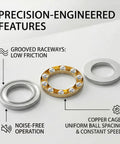Image showing Six Pack F8-19M Thrust Ball Bearings 8mm Bore 19mm OD 7mm Width With Washers, highlighting grooved raceways, copper cage, and features.