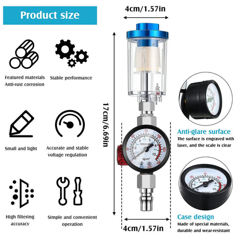 Diagram showing product size and features of 2 Pack Air Regulator Valve With Pressure Gauge And Water Trap Filter For Air Compressor.