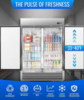 Top Tier Commercial Reach In Refrigerator Double Door Stainless Steel 49.6 Cubic Foot Straight Up Heavy Duty Kitchen Workhorse with drinks inside.