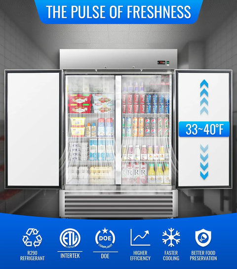 Top Tier Commercial Reach In Refrigerator Double Door Stainless Steel 49.6 Cubic Foot Straight Up Heavy Duty Kitchen Workhorse with drinks inside.