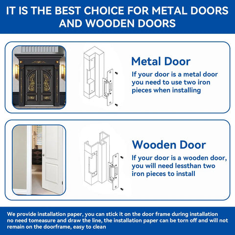 Straight Up Secure 2026 Upgraded Electric Strike Door Lock Kit With Remote Access Control on metal and wooden door installation guide.
