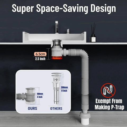 Heavy Duty Stainless Steel Vessel Sink Drain Kit With Clear Bottle Trap And Flexible Water Seal Pipe, shown under sink design.