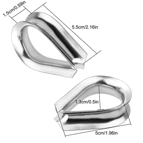 20 Pack 3/8 Inch Wire Rope Thimbles M10 304 Stainless Steel Rigging Sleeves Top Shelf Heavy Duty Cable Eyes For Marine Boats And Garage Projects Ready, showing silver thimbles with dimensions.