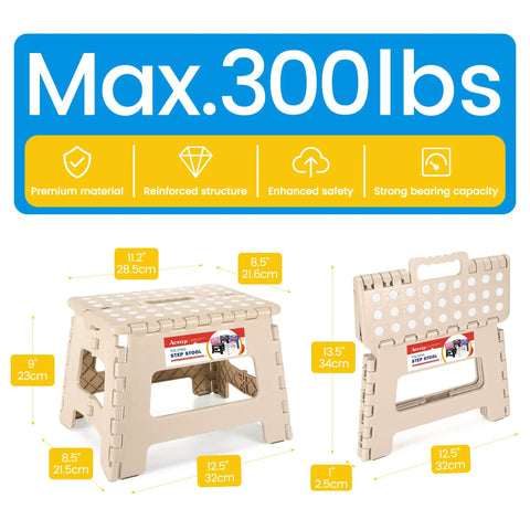 Lightweight 9 Inch Foldable Step Stool, Non Slip Plastic Stool, Khaki, showing dimensions and max weight of 300lbs