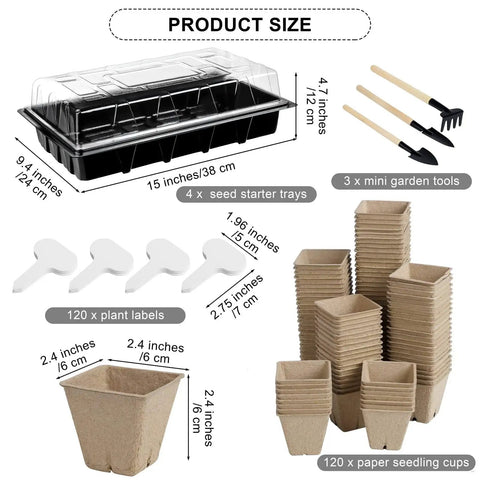 All In One Seed Starter Kit With Peat Pots 4 Pack Seed Starter Trays Paper Seedling Cups 120 Labels And 3 Mini Garden Tools