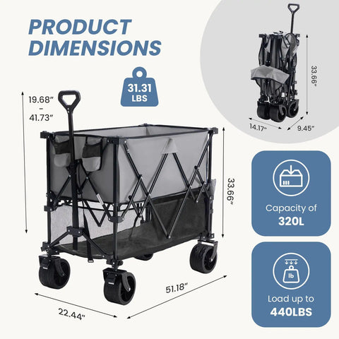 Heavy Duty Double Decker Workhorse Wagon With 54 Inch Extender And 400L Collapsible Design showing dimensions and weight capacity