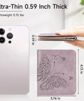 Slim RFID Blocking Wallet For Women Ultra Thin Bifold Card Holder Compact Purple Mini Wallet For Back Pocket Or Purse next to phone