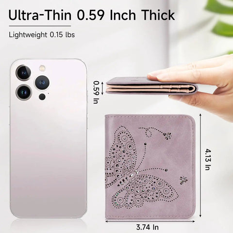 Slim RFID Blocking Wallet For Women Ultra Thin Bifold Card Holder Compact Purple Mini Wallet For Back Pocket Or Purse next to phone