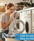 Woman enjoying fresh laundry next to a washing machine, highlighting Washer Drain Hose Assembly For LG And Kenmore Washers With Thick Tub To Pump Connector And Stainless Steel Clamps Replaces 2134394 AEM73213001 WH41X10083 Durable Upgrade packaging.