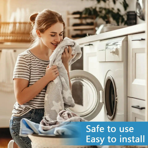 Woman enjoying fresh laundry next to a washing machine, highlighting Washer Drain Hose Assembly For LG And Kenmore Washers With Thick Tub To Pump Connector And Stainless Steel Clamps Replaces 2134394 AEM73213001 WH41X10083 Durable Upgrade packaging.