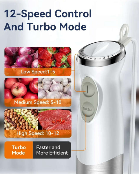 Heavy Duty 1000W Corded Stick Blender Built Tough With 12 Speed Settings And Turbo Boost, showing speed control dial for recipes.