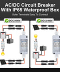 Solar Panel Disconnect Switch Gear Kit 400V 60A IP65 Breaker Box With 2P DC Miniature Circuit Breaker For PV Home Outdoor Battery System Includes Wrench Screws Terminals Solar Connectors And Extension Cables diagram with connections and circuit layout.