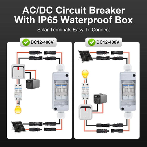 Solar Panel Disconnect Switch Gear Kit 400V 60A IP65 Breaker Box With 2P DC Miniature Circuit Breaker For PV Home Outdoor Battery System Includes Wrench Screws Terminals Solar Connectors And Extension Cables diagram with connections and circuit layout.