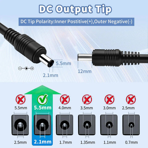 DC output tip dimensions for 12V 5A Power Supply AC DC Adapter 100-240V To 12V 5A Transformer With 5.5 By 2.1mm Plug For LED Strip Lights DVR NVR Security Cams CCTV System Accessories