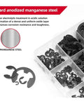 Top Tier Forty Five Five Pcs High Carbon Steel E Type External Retaining Rings Set With 14 Different Shaft Sizes For Heavy Duty Mechanical Repair And Hardware Accessories That Stay Locked Tight, featuring various sizes of black retaining rings.
