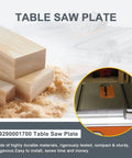 Image showing Table Saw Throat Plate Replacement For Ridgid R4513 89290001700 Part Durable No Hassle Install Guard Plate High Precision Cut Compatible With Ridgid Table Saws Quality Replacement Component For Faster Safer Fitting on the saw next to wood pieces and sawdust.