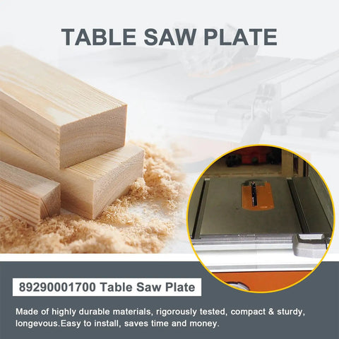 Image showing Table Saw Throat Plate Replacement For Ridgid R4513 89290001700 Part Durable No Hassle Install Guard Plate High Precision Cut Compatible With Ridgid Table Saws Quality Replacement Component For Faster Safer Fitting on the saw next to wood pieces and sawdust.