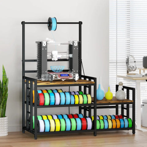 Heavy Duty 3D Printer Desk With Knockout Filament Storage Rack And Plug And Play Power Outlet, Dual Print Station For Abs Pla Tpu Spools, Boss Level Organization For Streamlined Workflows, Sturdy Wood Cabinet Setup In Classic Retro Brown