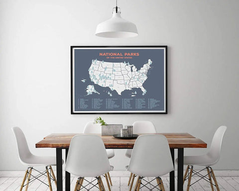 Framed National Parks Map Poster With All 63 U S Parks Updated Edition 24 By 17 Heavyweight Cardstock in modern dining room