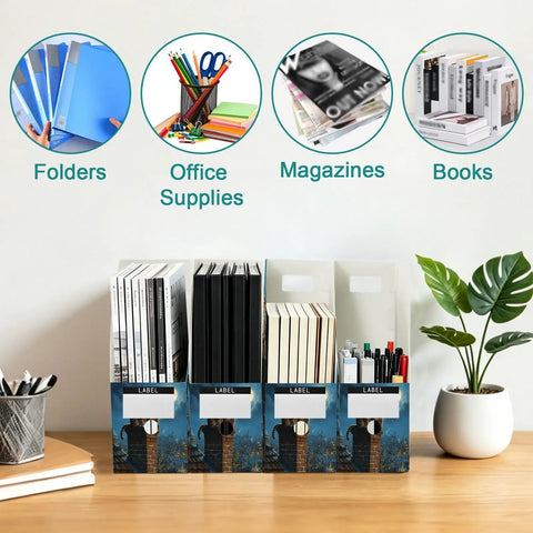 Three Pack File Folder Holders For Magazines Binders Notebooks Books And Documents With Cat City Moon Sky Design on desk