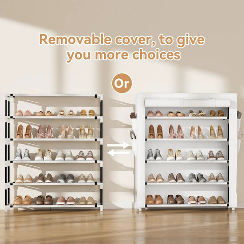 Five Tier Shoe Rack With Cover Holds 20 To 24 Pairs Of Shoes, Large Vertical Shoe Organizer For Closet Front Door Dorm Or Garage White, Space Saving, Detachable And Stackable, Fits Boots Sneakers And Heels